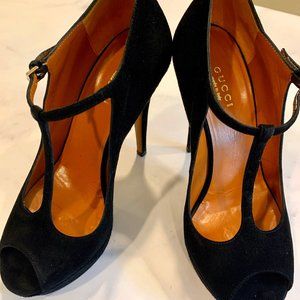Open Toe Black Suede Gucci Heels, Size 5.5